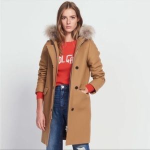 Sandro Kurt Button Virgin Wool Racoon Fur Trim Camel Coat Size 38